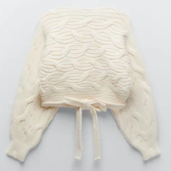 NWT Zara Ecru Cable Knit Wrap Cardigan w/ Hem Tie - Picture 3 of 6